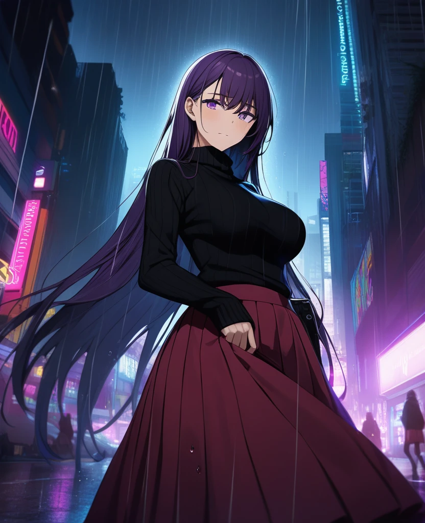 night, Colorful cyberpunk city background, rain, street, (Very long hair:1.25), Dark purple hair, Purple Eyes Shining Eyes, Large Breasts, Turtleneck sweater, (Long skirt:1.25), Colorful Skirts, (Be incontinent:1.5), Stern expression, black, Backlight, shine, Find your audience, Low angle shot, Look up at the camera, Perfect composition, Perfect light and shadow, 8K