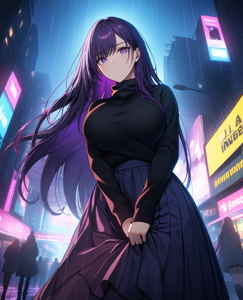night, Colorful cyberpunk city background, rain, street, (Very long hair:1.25), Dark purple hair, Purple Eyes Shining Eyes, Large Breasts, Turtleneck sweater, (Long skirt:1.25), Colorful Skirts, (Be incontinent:1.5), Stern expression, black, Backlight, shine, Find your audience, Low angle shot, Look up at the camera, Perfect composition, Perfect light and shadow, 8K