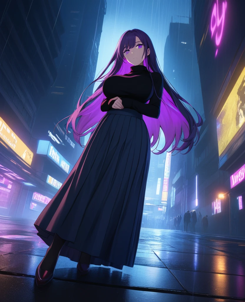 night, Colorful cyberpunk city background, rain, street, (Very long hair:1.25), Dark purple hair, Purple Eyes Shining Eyes, Large Breasts, Turtleneck sweater, (Long skirt:1.25), Colorful Skirts, (Be incontinent:1.5), Stern expression, black, Backlight, shine, Find your audience, Low angle shot, Look up at the camera, Perfect composition, Perfect light and shadow, 8K
