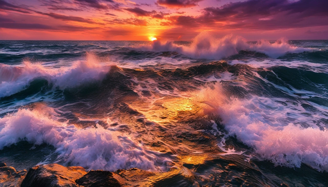 arafa view of a sunset over the ocean with waves crashing, chaotic sea scenery, vibrant sunrise, breathtaking colors, breathtaking look, vibrant sunset, breathtaking composition, beautiful seascapes, stunning sunset, Magnificent background, sunset glow, beautiful background, beautiful dreamy breathtaking, Marcos Adams, beautiful and hot scene, Epic sunset, Beautiful sunset, beautiful sunset glow, beautiful ocean