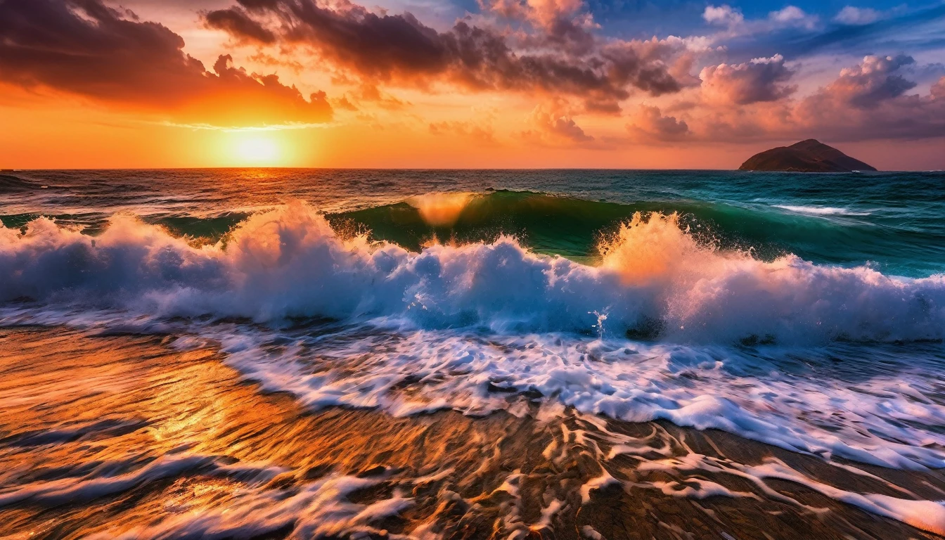 arafa view of a sunset over the ocean with waves crashing, chaotic sea scenery, vibrant sunrise, breathtaking colors, breathtaking look, vibrant sunset, breathtaking composition, beautiful seascapes, stunning sunset, Magnificent background, sunset glow, beautiful background, beautiful dreamy breathtaking, Marcos Adams, beautiful and hot scene, Epic sunset, Beautiful sunset, beautiful sunset glow, beautiful ocean