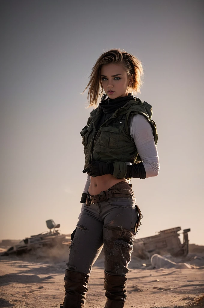 masterpiece, portrait of a beautiful 17-year-old Russian girl in a post-apocalyptic desert, Punk blonde with short hair, shaved on the sides, grey-blue eyes, very pale skin, highly detailed skin, Cool face, Tense face, Dramatic face, Hard Face, wearing dirty white military pants, wear a white and gray military scarf, wear a winter camouflage military vest in gray and white, wear punk style jewelry, Viking tattoos on skin, Cool Girl, The Killer Girl, Wild Girl, postapocalyptic style, RAW, dramatic lighting, threatening the Scandinavian skies, 8 k, Ultra high resolution.Photorealistic, uhd, First phase of XF IQ4, 150 MP, post-apocalyptic desert arid landscape in the background, dirt, dust, rumbles, wreckage, action pose, (Mad Max movie atmosphere:1.2)