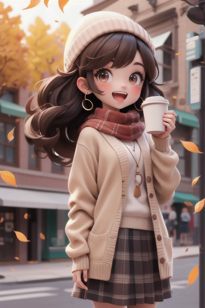 extremely detailed, intricate, masterpiece, absurdres,1girl, (\:d:1.0) autumn leaves, chibi,bangs, black headwear, blurry background, blush, brown eyes, brown hair, brown scarf, brown skirt, cardigan, cowboy shot, falling leaves, beanie, holding, holding coffee disposable cup, leaf, long hair, long sleeves, looking at viewer, open cardigan, open mouth, plaid skirt, puffy long sleeves, red sweater, scarf, shirt tucked in, sidelocks, skirt, smile, solo, sweater, white shirt, ï¼Coffee shop street scene