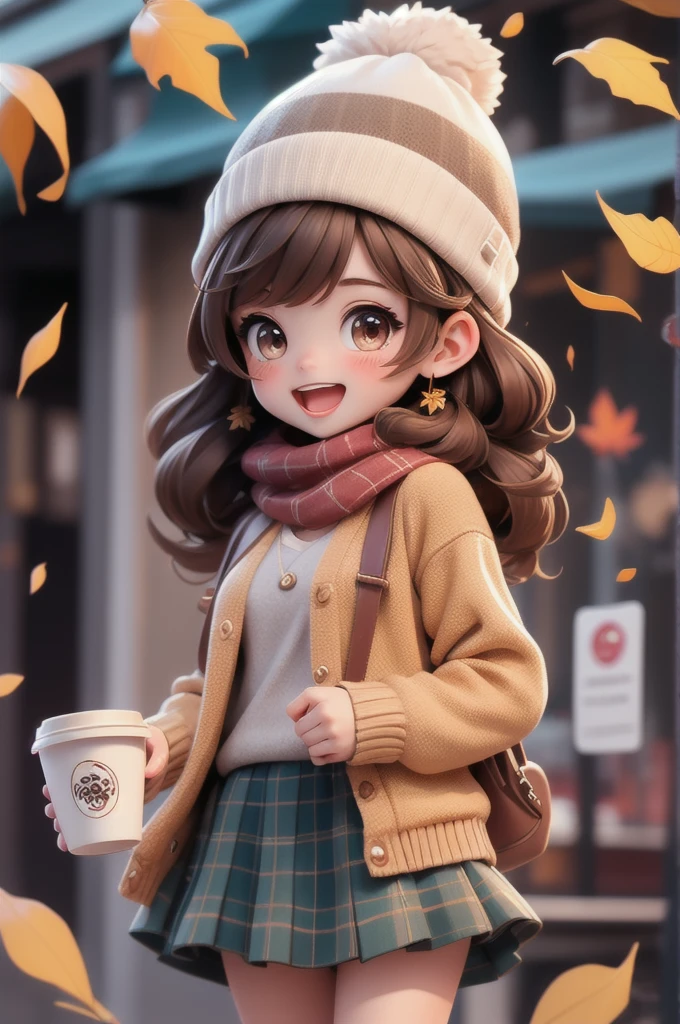 extremely detailed, intricate, masterpiece, absurdres,1girl, (\:d:1.0) autumn leaves, chibi,bangs, black headwear, blurry background, blush, brown eyes, brown hair, brown scarf, brown skirt, cardigan, cowboy shot, falling leaves, beanie, holding, holding coffee disposable cup, leaf, long hair, long sleeves, looking at viewer, open cardigan, open mouth, plaid skirt, puffy long sleeves, red sweater, scarf, shirt tucked in, sidelocks, skirt, smile, solo, sweater, white shirt, ï¼Coffee shop street scene