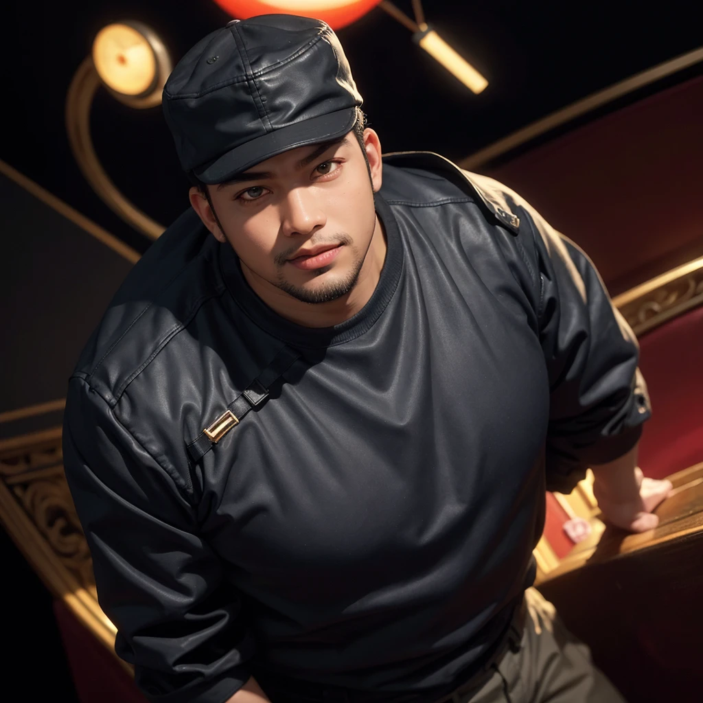 Realistic 3d caricature. big head. Oil painting of a 22-year-old Indonesian man. tall, slightly fat body, round face shape. round chin, handsome, slightly round eyes, brown skin, cheerful smile. head wearing a black cap. wearing a black suit. Body position is clearly visible. Red blue background. Use soft photography lighting with top lights, edge lights, and hair lights. hyper-realistic. high contrast. high color effect. 8k. Photos with very high detail. focus.