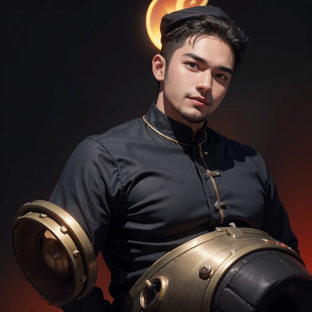 Realistic 3d caricature. big head. Oil painting of a 22-year-old Indonesian man. tall, slightly fat body, round face shape. round chin, handsome, slightly round eyes, brown skin, cheerful smile. head wearing a black cap. wearing a black suit. Body position is clearly visible. Red blue background. Use soft photography lighting with top lights, edge lights, and hair lights. hyper-realistic. high contrast. high color effect. 8k. Photos with very high detail. focus.
