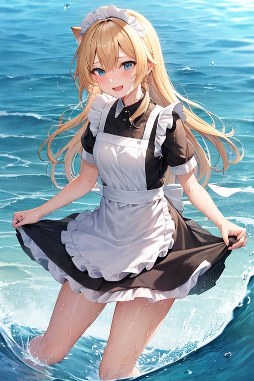 (Super best quality)(Highest quality)(Attention to detail)
Maid clothes, White apron, Headband, (Fashionable clothes)
Gothic Dress, ribbon, Maid clothes, (白と黒のMaid clothes), Normal collar, Classic, Short sleeve, 
Ocean, Beach, (Wave, Wave打ち), 高Wave, 荒Wave, In the water, (Waterlogged), Water Play, 激しいWave
((Even my clothes are wet 1.1))((Even my clothes are soaked in water)), (Water drop 1.1), Soaking wet, ((Deep water depth)) ((Deeply immersed))
Blonde, Blue Eyes, Cat ear, cute, Naughty, The best smile, Water droplets all over the body((全身にWater drop 1.1)), Long, Water drops on my arms, Water drips from the clothes, Small breasts, Less exposure, Floating offshore, The clothes are sinking, Submersion, 