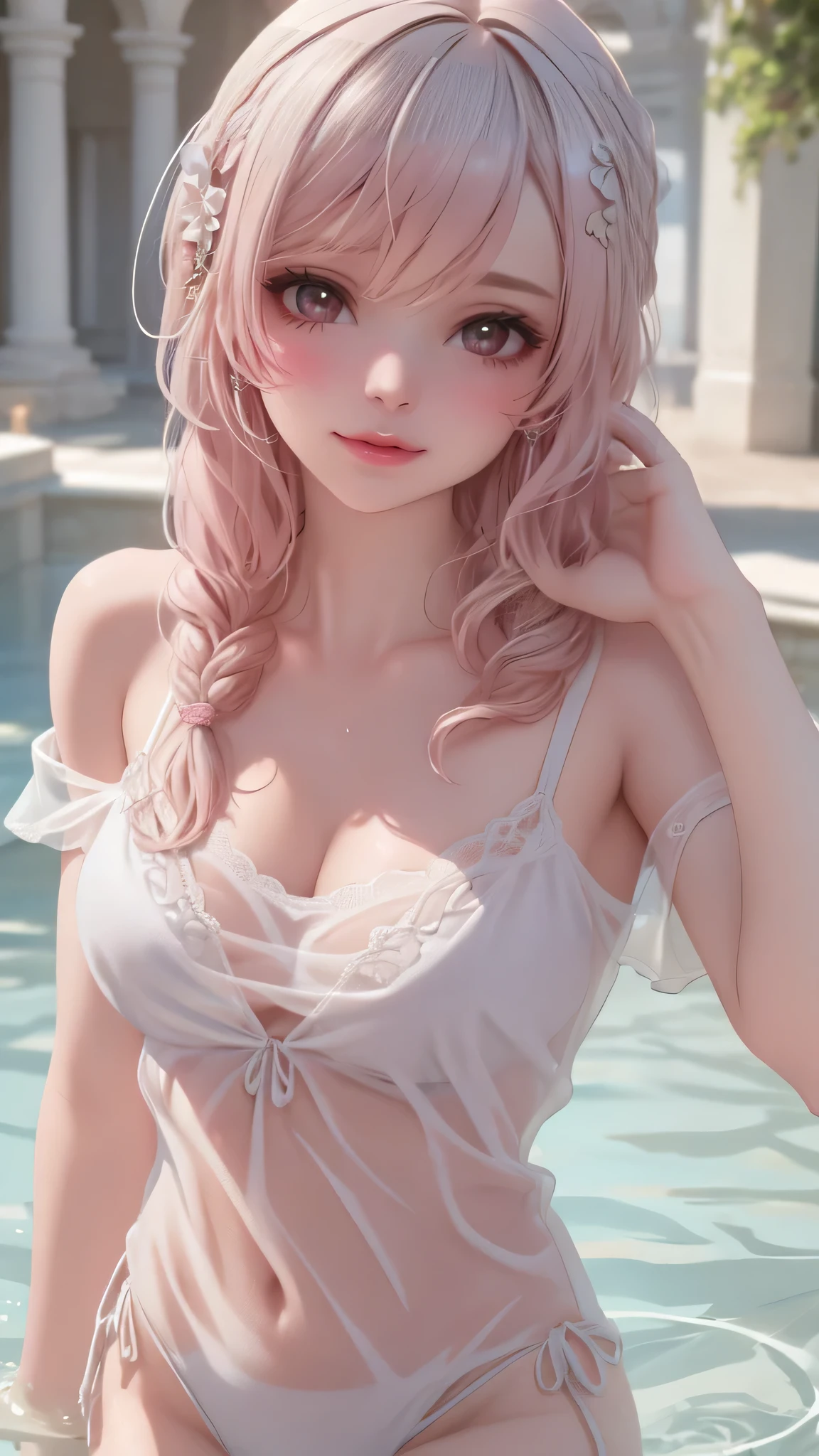 (fellatio gesture),(floating in water),(soaked),baggy t-shirt,(see through),lace swimsuit,(Thin type:1.5),(large breasts),(random hairstyle:1.2),(Highest image quality, (8K), Ultra-realistic, Best Quality, High quality, High Definition, high quality texture, high detailing, Beautiful detailed, fine detailed, extremely details CG, Detailed texture, realistic representation of face, masterpiece, presence)