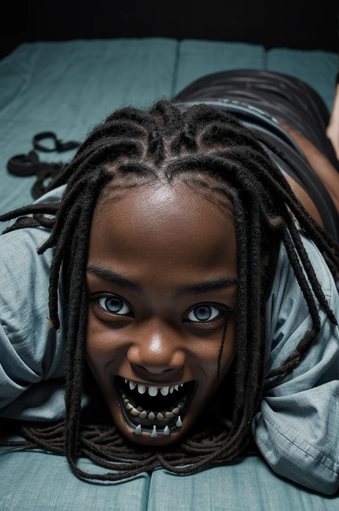 A  boy, long black faded into white dreadlocks, light blue gray eyes, eyes look dead inside, baggy eyes, creepy smile, sharp teeth, black tongue, old traditional Japanese clothing, art style is horror, theme is black, black liquid coming out of left eye, upside down and lying down, sad background, dark skin