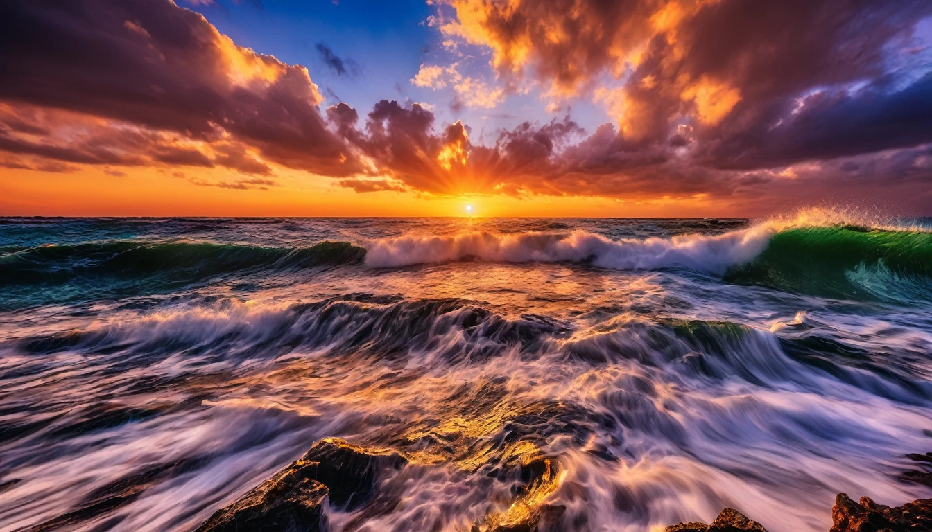 arafa view of a sunset over the ocean with waves crashing, chaotic sea scenery, vibrant sunrise, breathtaking colors, breathtaking look, vibrant sunset, breathtaking composition, beautiful seascapes, stunning sunset, Magnificent background, sunset glow, beautiful background, beautiful dreamy breathtaking, Marcos Adams, beautiful and hot scene, Epic sunset, Beautiful sunset, beautiful sunset glow, beautiful ocean