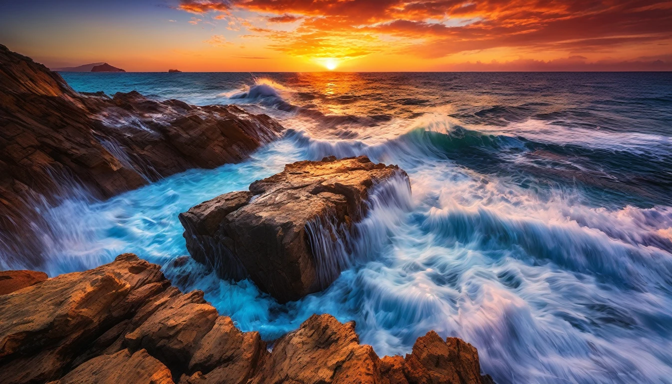 arafa view of a sunset over the ocean with waves crashing, chaotic sea scenery, vibrant sunrise, breathtaking colors, breathtaking look, vibrant sunset, breathtaking composition, beautiful seascapes, stunning sunset, Magnificent background, sunset glow, beautiful background, beautiful dreamy breathtaking, Marcos Adams, beautiful and hot scene, Epic sunset, Beautiful sunset, beautiful sunset glow, beautiful ocean