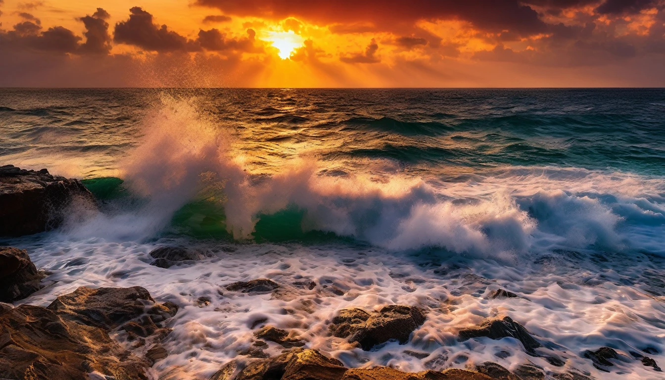 arafa view of a sunset over the ocean with waves crashing, chaotic sea scenery, vibrant sunrise, breathtaking colors, breathtaking look, vibrant sunset, breathtaking composition, beautiful seascapes, stunning sunset, Magnificent background, sunset glow, beautiful background, beautiful dreamy breathtaking, Marcos Adams, beautiful and hot scene, Epic sunset, Beautiful sunset, beautiful sunset glow, beautiful ocean