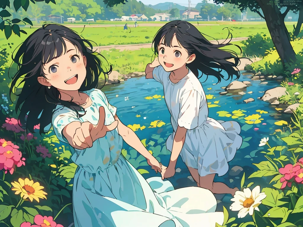 Reasonable design, Clear lines, High Sharpness, (Highest quality,8K,Perfect sharpness,Ultra fine,High resolution,masterpiece:1.2), Perfect Anatomy:1.5, Official Art, Illustrations that tell a story, (Whitish background:0. 9)、Body Positivity、多Mr.な身体表現、(Random and energetic poses)、Perfect beauty、Perfect beautiful face、Strong winds、A rich expression、Dynamic composition、smile、Golden ratio composition、colorful、((Mr.々Different angles and perspectives))、Anime Art、(Mini dress)、(Overcoming stereotypes)、 Glowing Skin、(Natural beauty)、smile、Bangs、(Soft and flowing hair)、(countryside)、(Nostalgic atmosphere)、Put up to your feet、(Playful and carefree)、(多Mr.な民族のキャラクター)、(innocent attitude)、(Sunny atmosphere)、(The skirt flutters wildly in the wind)、(Bright colors)、Beautiful Eyes、(Embarrassing)、Braided Hair、Summer Scene、Smiling among flowers、Angle from above、