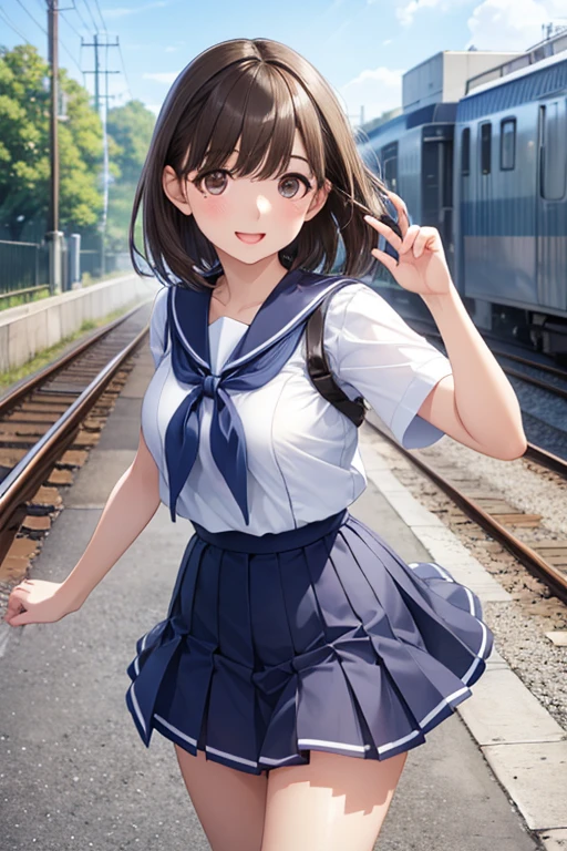 
anegasaki nene、Shiny brown hair, short hair, 、smile、、Highly detailed face, Highly detailed eyes,anegasaki nene、Shiny brown hair, short hair, Beautiful brown eyes、smile、Sparkling eyes, (Fine grain)、Ultra-detailed eyes、Highly detailed face, Highly detailed eyes,

 (masterpiece、Highest quality、Highest quality、Official Art、Beautiful and beautiful:1.2)、(Highest quality、In 8K、32k、masterpiece、Hmph、Ultra-high resolution、Impressionism、Realistic:1.2)、
 
 Short-sleeved sailor suit、Navy blue mini pleated skirt、Very short mini skirt、Bare thighs、((morning、Girl walking on a path parallel to the railroad tracks、The sea is visible in the background, I can see the train))、
 
breast enhancement、、Raising right hand、Active、、 Tabletop, Anatomically correct、Laughter, Shining Light、