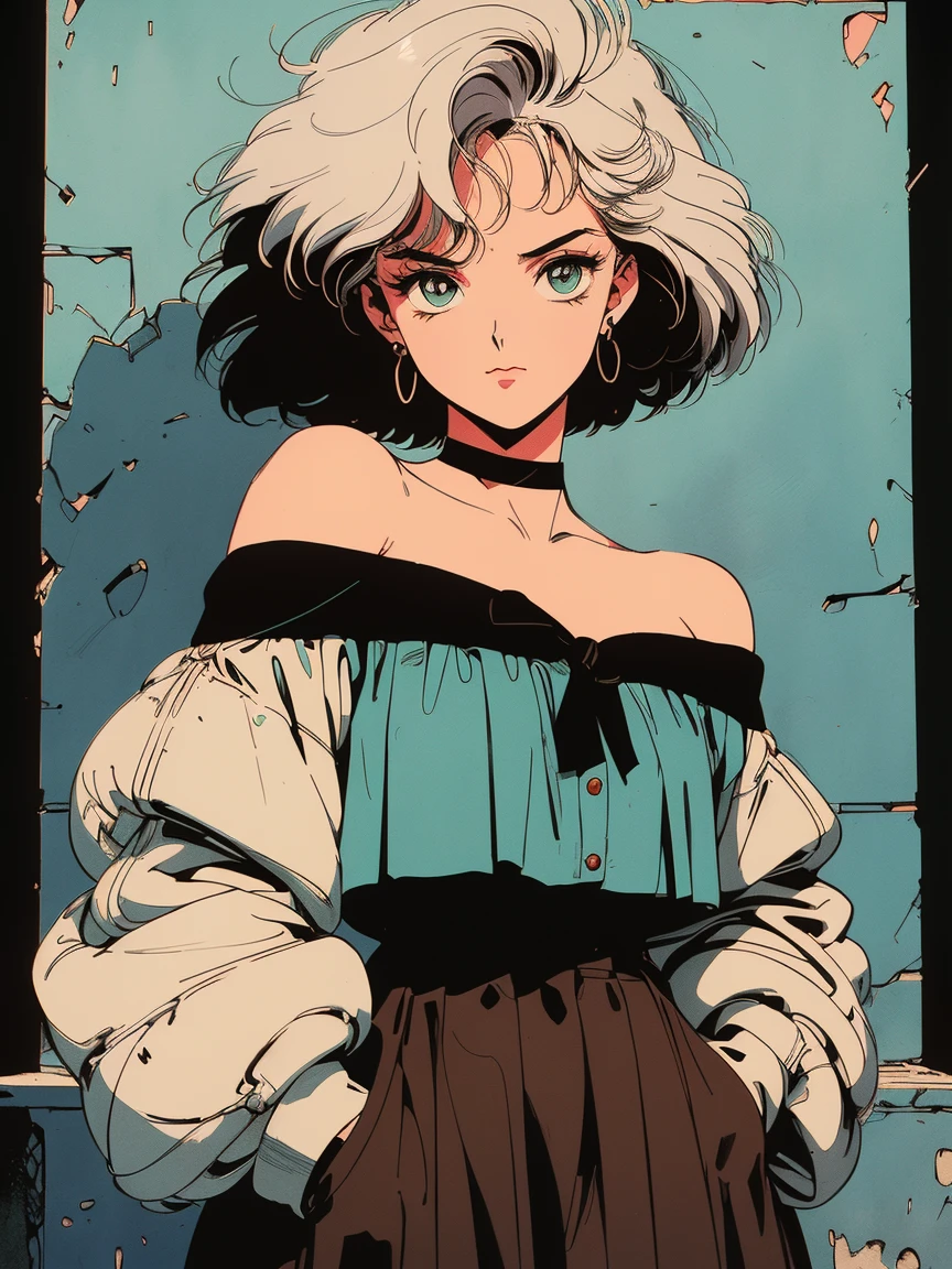 ((((90's anime style,1990s style,1970s anime,have the style of folk portraits,retro style posters,chicano inspired retro fashion,renaissance, retro style inspiration retro, stone visual aesthetic style, hand painted details, fresh and clean appearance,))))(masterpiece:1.2, best quality,top quality,epic quality,uhd), (details Intricate),((head tilts,hands in pockets,)) 1lady, solo,minimal makeup, natural fabrics,innocent, mischievous face,((rich background,)) ((Mixing Console)), ((ruins,indoor,))lubricious,snowy hair,{short hair|bold sidelocks|Clearly visible strands of hair|bob cut|natural curved|ahoge|hairclip},clear, bangss, bangss na testa,incredibly_absurdres pupils,pleatedskirt, (((sagging breasts))), mature face, detailed face, ((ultra-detailed, lovely)), (geometric:1.2),)), ((off shoulders,frills,sleeves past wrists,brown school dress,white stockings,))ray tracing,dynamic lighting,god lighting,god ray, cinematic lighting)),((extremely_Detailed_eyes_and_face)),(Beautiful and aesthetic: 1.2),Brilliant,unbelievable Ridiculous quality,)),((extremely_Detailed_eyes_and_face)),(Beautiful and aesthetic: 1.2),Brilliant,Ultra-precise depiction, Ultra-detailed depiction,bokeh (85mm Shot),(((Delicate fingers and hands:0.55))::0.85))),(Detailed fingers), white hair