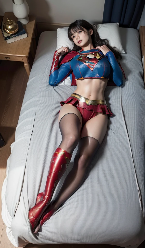 (((Highest quality、8K、masterpiece:1.3))、Supergirl、胸にSupergirlのロゴ、Sharp focus:1.2、Beautiful woman with perfect figure:1.4、Slim Abs:1.2、((Layered Cut、Huge boobs:1.2))、Wet body:1.5、非常に詳細な顔と肌の質感Supergirl、Bloodstained、Clothes are shredded、Torn、Highest quality, Familiar, High resolution), 1 Girl, Supergirl、Super Heroine、Bishoujo Warrior、defeat、Lying down&#39;return、fall、knock out、フィットしたSupergirlのコスチューム、Enlarge your breasts、Muscular、alone, From above,sleepy, sleepワイン, Doll joints、sleep、it hurts、it hurts look、syncope、cadaver、Beautiful crotch、High detail、8K