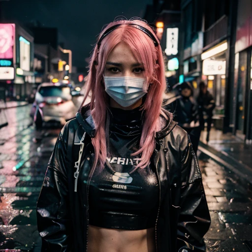 young confident cyberpunk woman lightly dressed with pink hair and she wears a sci-fi face mask, inspired by Marin Kitagawa, wear a hood, On a rain-soaked street at night, photorealestic, cinematic lighting
