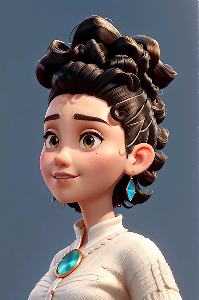 30 year old white Mexican woman with、(high fade:1.3)、black hair with curls and chinese、calming tones、very contrasted、(Natural skin textures、、Luz outfit、sharp)、masterpiece, premium, high quality, high resolution