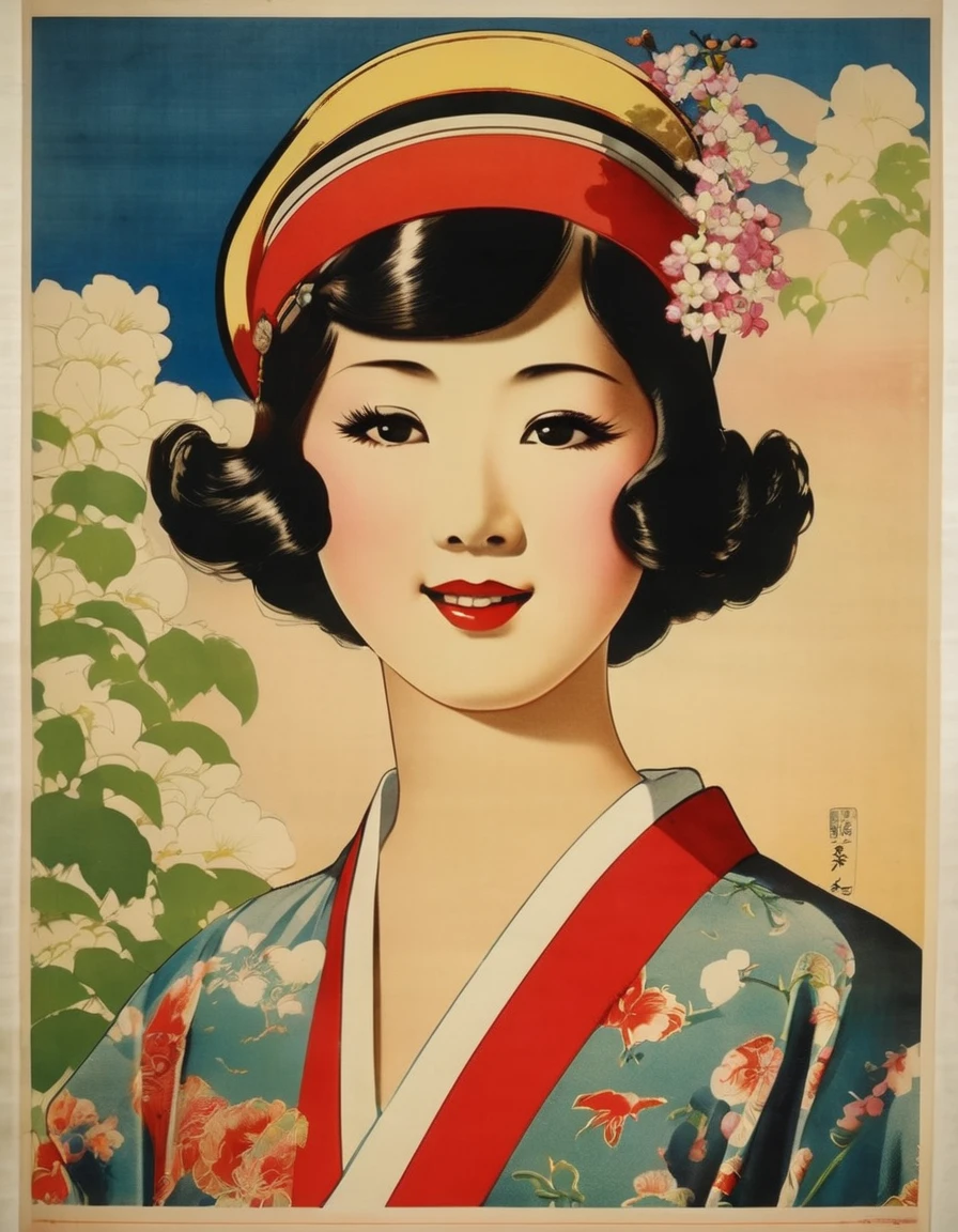 1952, Seoul, (1 korean young girl), Retro vintage, ,(big breasts, strikingly beautiful, delicate facial features, porcelain skin, expressive eyes, black hair, red lips), (hairstyle of the 1950s), poster of a sexy, (((girl all nude))), glamorous pin-up girl wearing a sailors hat, ((awe and joy expression)),