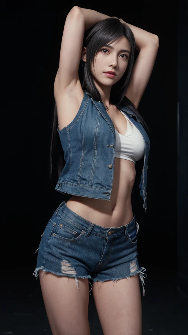 8K, Top Quality, Intricate Details, Ultra Detail, Ultra High Resolution, Masterpiece, close up shot, (full body: 1.1), Slender, Smile, (Makeup: 0.4), ,(( red eyes, black hair, bangs, extra short hair)), (Fluffy Eyes: 1.21), (()), 1girl, solo, 1 girl, ((Tifa,Tifa・lockhart,Final Fantasy 7,FF7,l)), close up shot, , ((tall)), (((fit body))), (((slim face))), sharp face, ((mini open vest, denim open vest, torn denim)) ,(detailed face), sharp face, small lips, , ,(( )) ,, ,
((,no bra, braless )), , (( )), detailed face, detailed breast, large breast ,huge breast, detail nipples ,, Narrow Waist, Skinny, tall , 190 cm tall, Muscular, Navel, Exposed Abdomen, Pointed Chest,, Beautiful girl with accentuated slender abs: 1.4, Six Pack Abs: 1.4, , Perfect Body, detail legs, (( dark background)), black background,