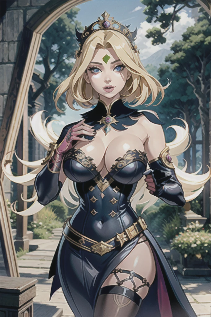 the overall theme and style should feel like. a hybrid of fairytale and Science Fiction. extremely beautiful model, female, long blonde hair, perky breasts, cleavage,, oppulentform fitting hooped skirt, red corset, large exagerated extravagant tiara. Wide Smile, Eyes Detailed & Wide, sexy Pose. Ultra HD, Rococo-Inspired Fantasy Art With Intricate Details. Cute, Charming Expression, Alluring-Gaze, looking at viewer Beautiful Eyes, An-Ideal-Figure. Large Youthful Well-Shaped-Breasts, Attractive ass showcased. Massive-Round-Bosom, Décolletage. slim waist, fit body, full lipsWarm lights , woman in a dreamy forest at night, with fluffy hair, delicate face, realistic, real, slim, large aperture, sexy shots, attractive poses,Stunnin gly beautiful merge of , Sydney Sweeney Scarlett Johanson, . symmetrical face, photorealistic, photography, path tracing, specular lighting, volumetric face light, path traced hairmaximum quality{(masutepiece) (8K High Resolution) (top-quality)