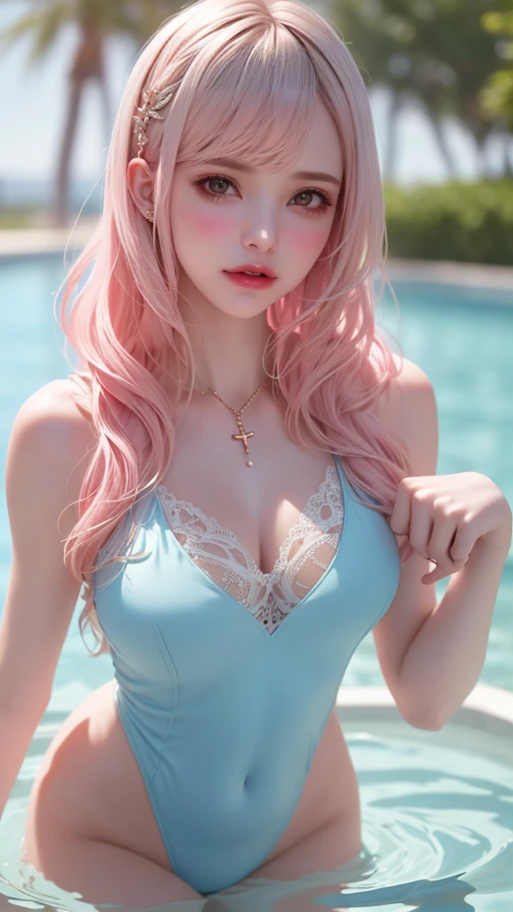 (fellatio gesture),(floating in water),(soaked),baggy t-shirt,(see through),lace swimsuit,(Thin type:1.5),(large breasts),(random hairstyle:1.2),(Highest image quality, (8K), Ultra-realistic, Best Quality, High quality, High Definition, high quality texture, high detailing, Beautiful detailed, fine detailed, extremely details CG, Detailed texture, realistic representation of face, masterpiece, presence)