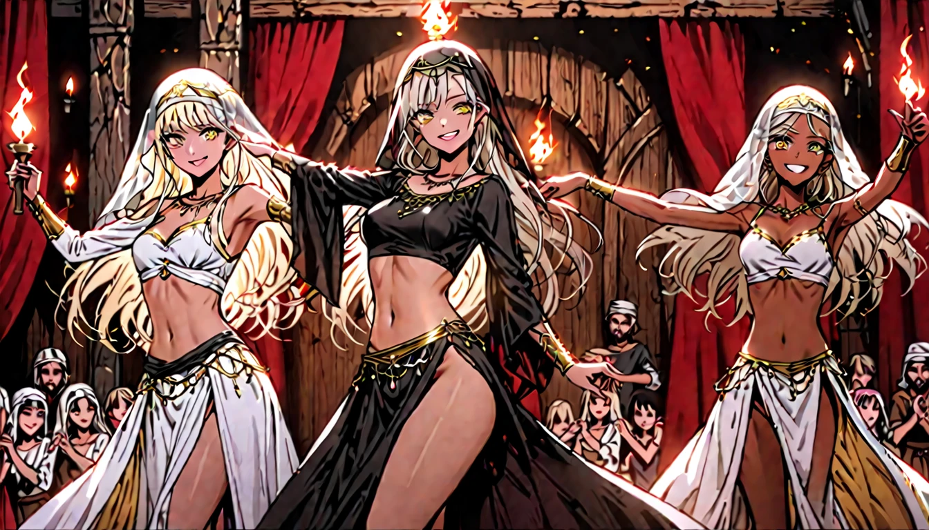 sfw, copper skin, long hair, platinum blonde hair, silky hair, braided hair, pointed ears, slim waist, bandit, Arabian, dancing, golden eyes, smile, abs, veil, seductive, coordinated dancing, fun, party, 3 female dancers on stage, medieval, dark, torch, curtains, wooden stage, crowd, close up