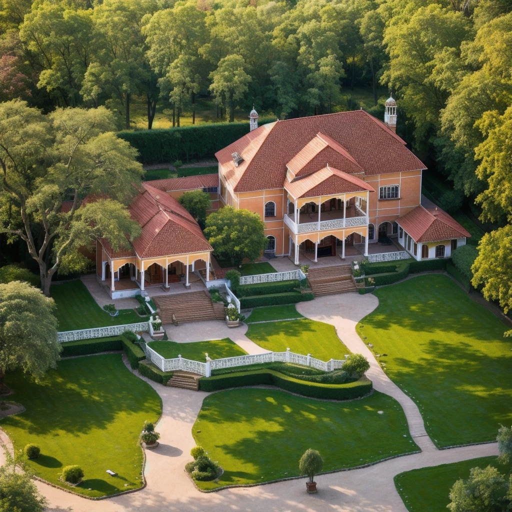 /imagine prompt: Aerial view of a traditional Punjabi wedding venue in daylight, a grand house decorated with colorful drapes and floral arrangements. Guests are mingling, and traditional music instruments can be seen. Sunlight filtering through trees, creating dappled light on the scene. Created Using: drone photography, cultural vibrancy, wide-angle perspective, photorealistic style, traditional Indian art, warm lighting, high saturation, detailed textures, hd quality, natural look --ar 16:9 --v 6.0
