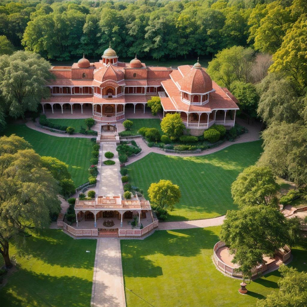 /imagine prompt: Aerial view of a traditional Punjabi wedding venue in daylight, a grand house decorated with colorful drapes and floral arrangements. Guests are mingling, and traditional music instruments can be seen. Sunlight filtering through trees, creating dappled light on the scene. Created Using: drone photography, cultural vibrancy, wide-angle perspective, photorealistic style, traditional Indian art, warm lighting, high saturation, detailed textures, hd quality, natural look --ar 16:9 --v 6.0