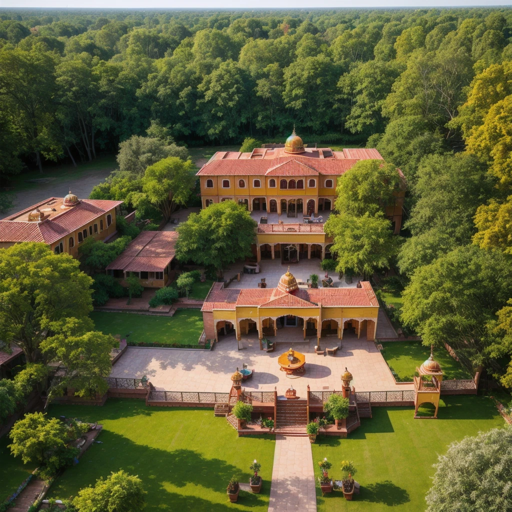 /imagine prompt: Aerial view of a traditional Punjabi wedding venue in daylight, a grand house decorated with colorful drapes and floral arrangements. Guests are mingling, and traditional music instruments can be seen. Sunlight filtering through trees, creating dappled light on the scene. Created Using: drone photography, cultural vibrancy, wide-angle perspective, photorealistic style, traditional Indian art, warm lighting, high saturation, detailed textures, hd quality, natural look --ar 16:9 --v 6.0