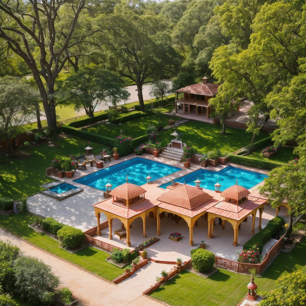 /imagine prompt: Aerial view of a traditional Punjabi wedding venue in daylight, a grand house decorated with colorful drapes and floral arrangements. Guests are mingling, and traditional music instruments can be seen. Sunlight filtering through trees, creating dappled light on the scene. Created Using: drone photography, cultural vibrancy, wide-angle perspective, photorealistic style, traditional Indian art, warm lighting, high saturation, detailed textures, hd quality, natural look --ar 16:9 --v 6.0