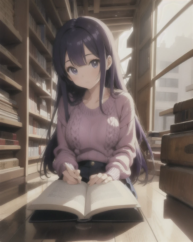 (masterpiece, 1980's anime illustration:1.1), sweet girl with long purple hair wearing oversized knit sweater, sitting cross-legged on floor of bookshop, open book in lap, reading intently, surrounded by stacks of old books, afternoon sun streaming in through window, illuminating floating dust in air, creating a cozy atmosphere, detailed old bindings on books, patterned rug on hardwood floor, retro anime style, warm lighting