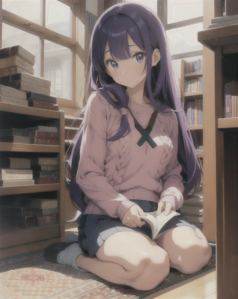 (masterpiece, 1980's anime illustration:1.1), sweet girl with long purple hair wearing oversized knit sweater, sitting cross-legged on floor of bookshop, open book in lap, reading intently, surrounded by stacks of old books, afternoon sun streaming in through window, illuminating floating dust in air, creating a cozy atmosphere, detailed old bindings on books, patterned rug on hardwood floor, retro anime style, warm lighting