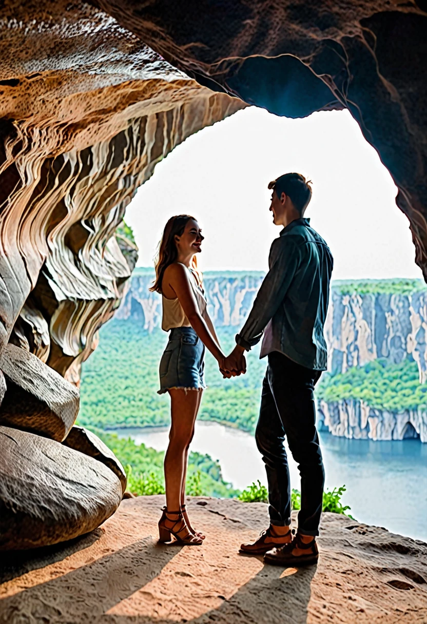 A young man holds his girlfriend by the hand at the edge of the cave