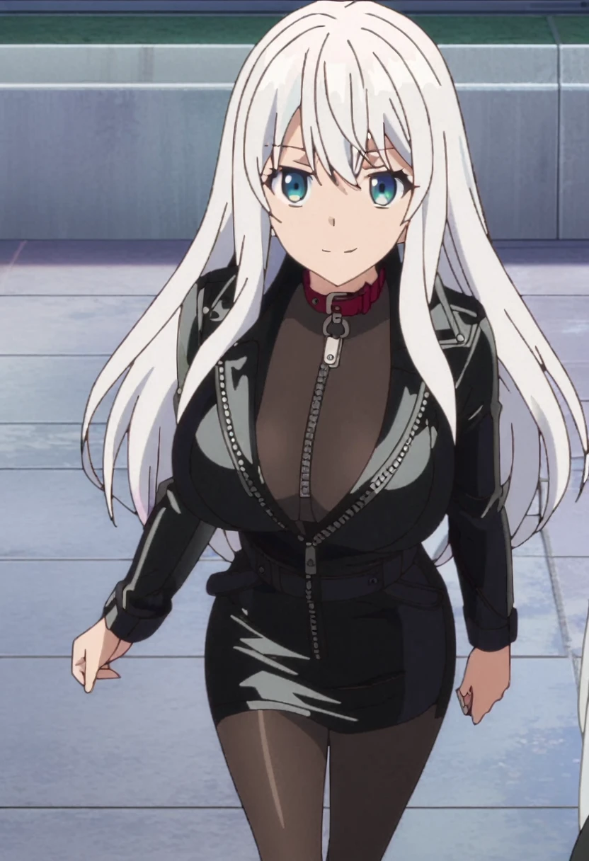 (best quality,4k,8k,highres,masterpiece:1.2),ultra-detailed,realistic,photorealistic:1.37, Mirajane Strauss, with a beautiful smile wearing a black coat 