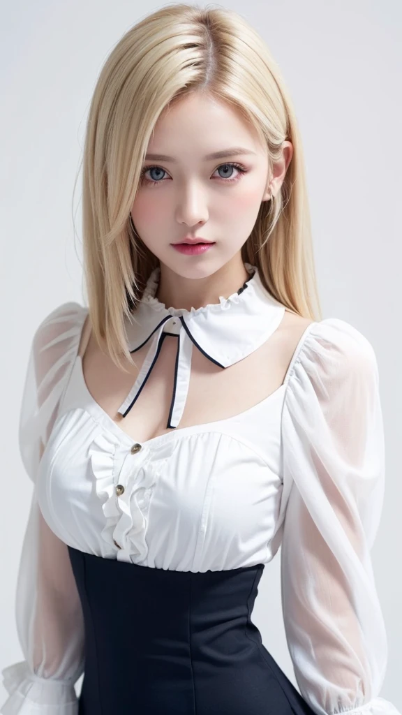 (((forehead、White Blonde Hair、Northern Europe、White people、beautiful girl、Blonde、White background、Blouse with collar and sleeves、Frills、race)))、table top, highest quality, figure, super detailed, finely, High resolution, 8k wallpaper, Perfect dynamic composition, detailed and beautiful eyes, Deco out,bionde, medium hair, super big breasts, Natural color lip,white background, random cute poses,frill dress