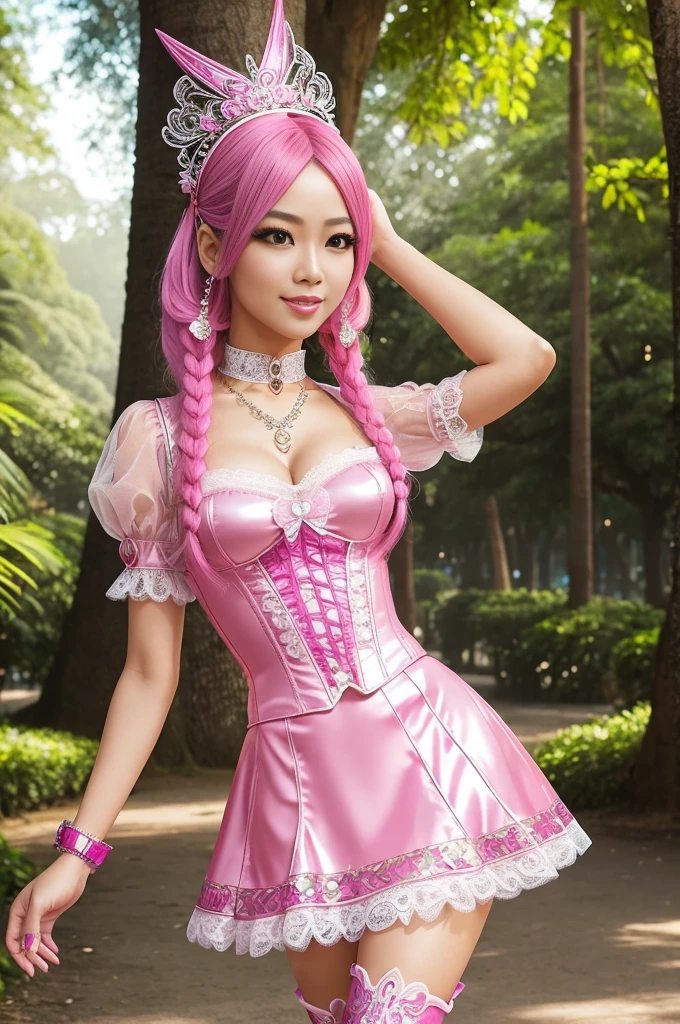 sexy stylish Thai model, only 1 female, long neon pink stylish hair, ((shiny Victorian-Style boots)), beautiful smile, ultra detailed eyes, vivid eye makeup, lipgloss, long lashes, defined eyebrows, ((sexy Paradise Kiss cosplay)), bell-shaped skirt, petticoats, high neckline, puffed sleeves, (( ultra detailed lace)), ((ultra detailed embroidery)), intricate details, Paradise Kiss accessoires and matching headpiece, choker, ((large sparkling Paradise Kiss jewelry)), cinematic light, detailed large park background with trees 