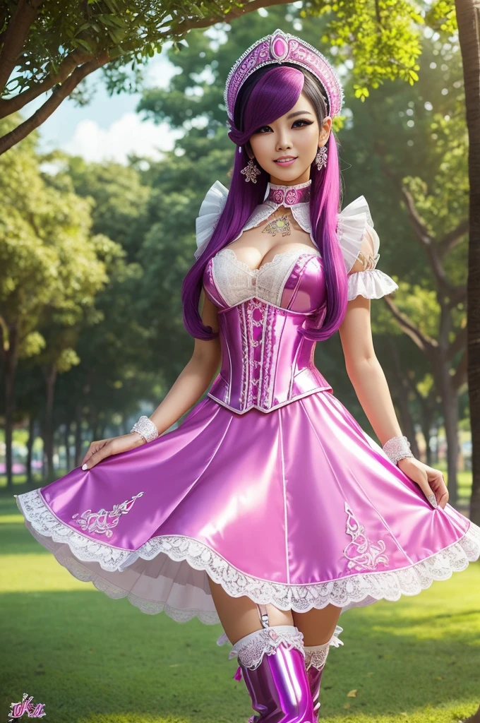 sexy stylish Thai model, only 1 female, long neon pink stylish hair, ((shiny Victorian-Style boots)), beautiful smile, ultra detailed eyes, vivid eye makeup, lipgloss, long lashes, defined eyebrows, ((sexy Paradise Kiss cosplay)), bell-shaped skirt, petticoats, high neckline, puffed sleeves, (( ultra detailed lace)), ((ultra detailed embroidery)), intricate details, Paradise Kiss accessoires and matching headpiece, choker, ((large sparkling Paradise Kiss jewelry)), cinematic light, detailed large park background with trees