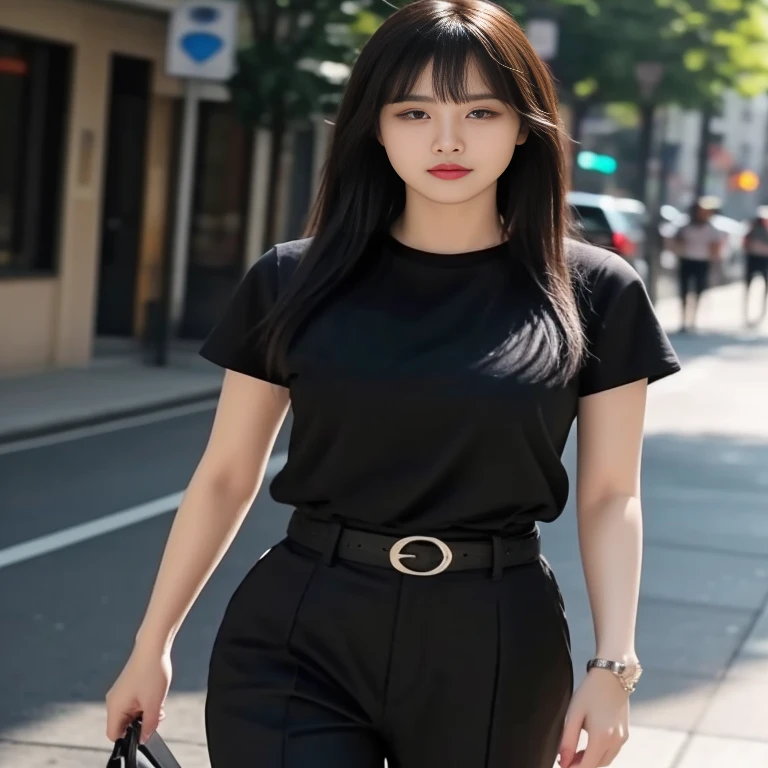 A woman in a black shirt and black pants is walking down the street., สวมblack t-shirt, สวมblack t-shirt, Korean female fashion model, Wear fashionable black clothes., สวมblack t-shirt, Wear stylish black clothes., black casual clothes, wearing black, Wear elegant, casual clothing., Wear a black shirt., black dress, Casual clothing style, black t-shirt