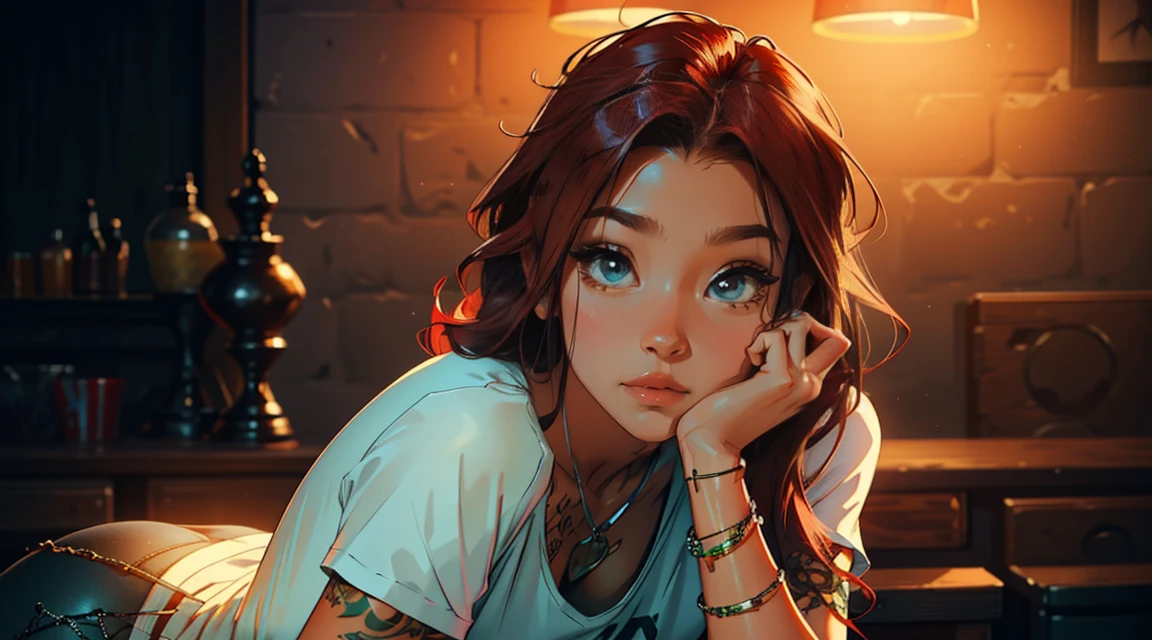 high resolution, Soft light,1womanl, Solo, Hips up, (Detailed face),tattoo, jewelry, t-shirt with rough chest, Beautiful soldiers, Grab the audience's eye, Lover's perspective, Invitation expression, Sexy smile, Perfect style, Perfect balance, Detailed skin, mischievous gaze, chest visible,red hair ,green eyes