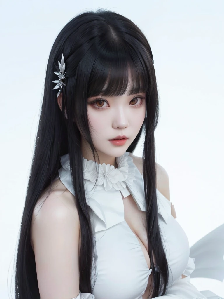 Close-up of a woman with long black hair wearing a white dress, white hime cut hairstyle, iu lee ji-eun as supervillain, black hime cropped fur, Albedo the Overlord, chica anime cosplay, seductive portrait of tifa lockhart, she has black hair with bangs, cruel korean gothic girl, sui ishida with black hair, with big tits covered by clothes