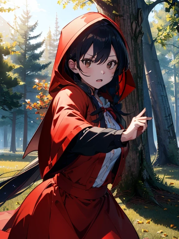 (1/2 body shot),  (perfect lighting), (masterpiece:1.2), (best quality:1.2), (best aesthetic:1.1), (beautiful art:1.2), (ultra-detailed:1.2), were, cinematic establishing shot of little (red riding hood holding a katana), ((battle pose)), grim expression, ((((action)))), ((movement)), (((motion))), ((dynamic)), dark forest canopy pierced by sunbeams, crisp rendering, massive upgrade, shot on a DSLR

