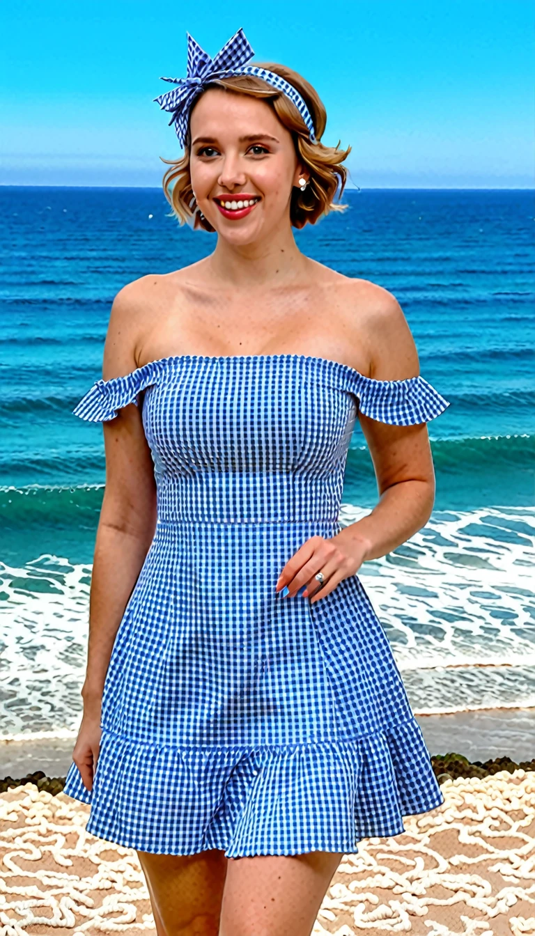 Scarlett Johansson is a young woman with short, dark brown hair styled in a bob cut, wearing a blue and white checkered headband. She has a cheerful expression with bright, smiling eyes and a wide, happy smile. Her outfit is a blue and white gingham off-the-shoulder short dress with ruffles along the neckline and shoulders, and a silver star-shaped necklace and matching star earrings. The background features a serene ocean scene with gentle waves and a clear blue sky. The lighting is bright and natural, giving the image a vibrant, summery feel. (Distant full body view:1.6), ultra realistic photo, vibrant colors, 16k