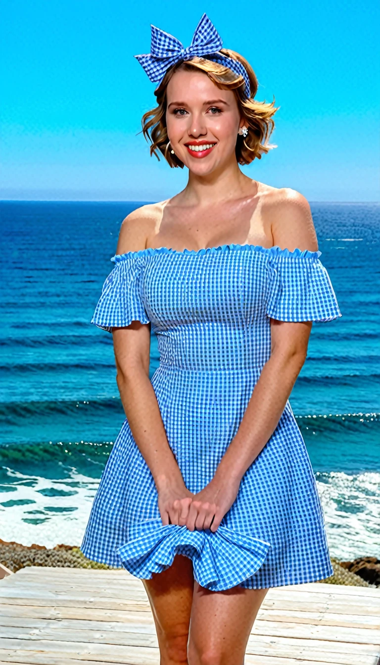Scarlett Johansson is a young woman with short, dark brown hair styled in a bob cut, wearing a blue and white checkered headband. She has a cheerful expression with bright, smiling eyes and a wide, happy smile. Her outfit is a blue and white gingham off-the-shoulder short dress with ruffles along the neckline and shoulders, and a silver star-shaped necklace and matching star earrings. The background features a serene ocean scene with gentle waves and a clear blue sky. The lighting is bright and natural, giving the image a vibrant, summery feel. (Distant full body view:1.6), ultra realistic photo, vibrant colors, 16k