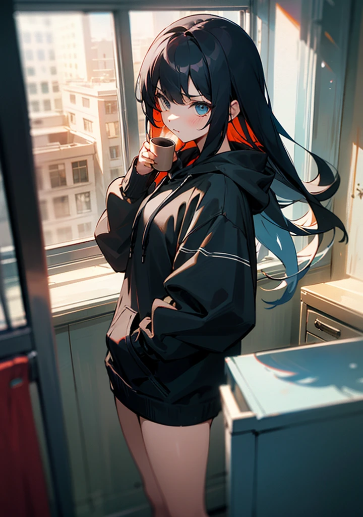 1 girl, black hoodie, long hair, super beautiful, cool, intimidation, black hair, coffee, window