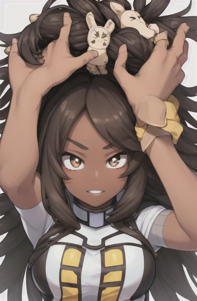 Horikoshi Kouhei, 1 girl, Dark skin, , dark brown hair, borroso background, Boku no hero academia, high resolution, Brown eyes, almond eyes, long hair, afro hair