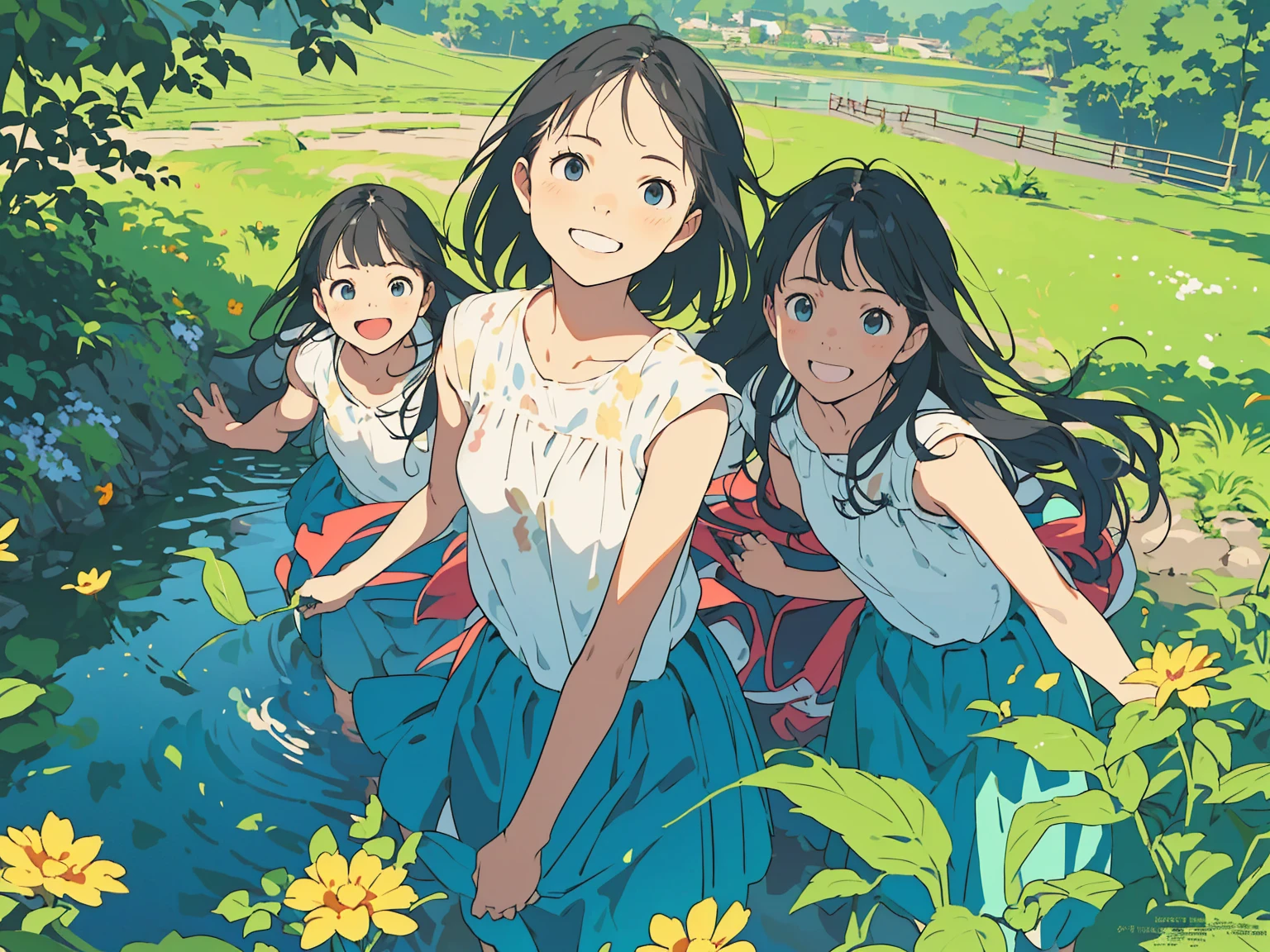 Reasonable design, Clear lines, High Sharpness, (Highest quality,8K,Perfect sharpness,Ultra fine,High resolution,masterpiece:1.2), Perfect Anatomy:1.5, Official Art, Illustrations that tell a story, (Whitish background:0. 9)、Body Positivity、多Mr.な身体表現、(Random and energetic poses)、Perfect beauty、Perfect beautiful face、Strong winds、A rich expression、Dynamic composition、smile、Golden ratio composition、colorful、((Mr.々Different angles and perspectives))、Anime Art、(Mini dress)、(Overcoming stereotypes)、 Glowing Skin、(Natural beauty)、smile、Bangs、(Soft and flowing hair)、(countryside)、(Nostalgic atmosphere)、Put up to your feet、(Playful and carefree)、(多Mr.な民族のキャラクター)、(innocent attitude)、(Sunny atmosphere)、(The skirt flutters wildly in the wind)、(Bright colors)、Beautiful Eyes、(Embarrassing)、Braided Hair、Summer Scene、Smiling among flowers、Angle from above、