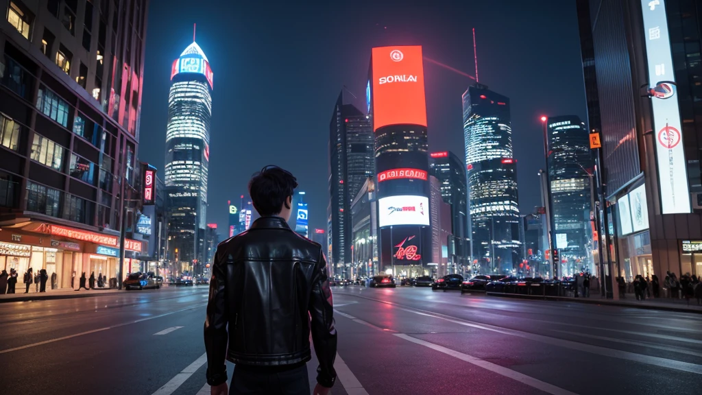The protagonist is a man in his mid-20s with short hair, wearing a black leather jacket. The setting is a futuristic city at night, with holographic advertisements in the sky and towering skyscrapers in the background. The hero stands on a street corner, looking as if he is searching for something.
