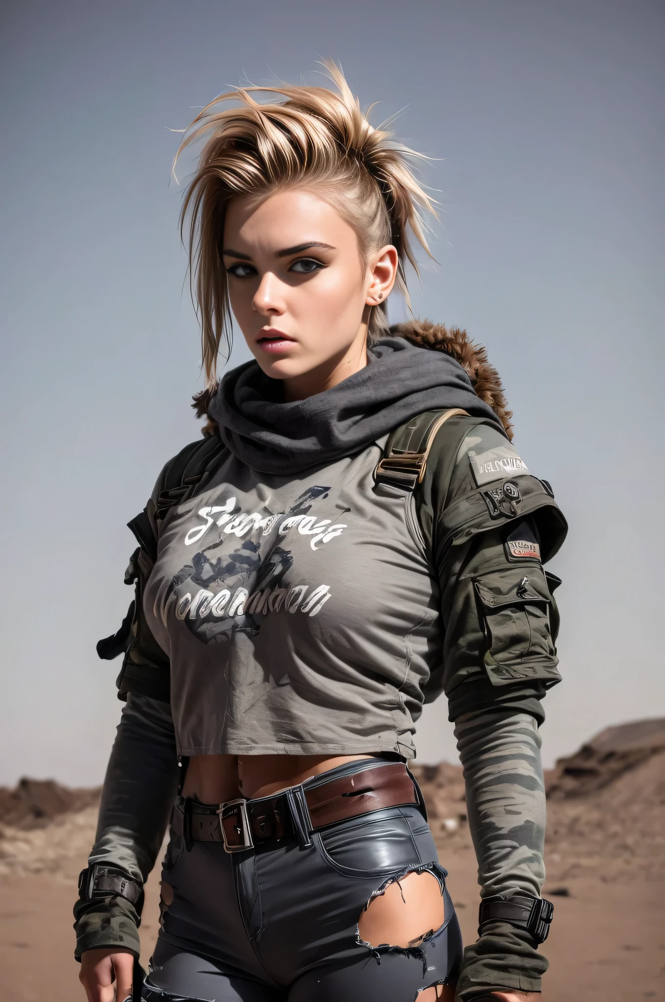 masterpiece, portrait of a beautiful -yeld Ruan girl in a post-apocalyptic desert, Punk blonde with short hair, shaved on the sides, grey-blue eyes, very pale skin, highly detailed skin, Cool face, Tense face, Dramatic face, Hard Face, wearing dirty white military pants, wear a white and gray military scarf, wear a winter camouflage military vest in gray and white, wear punk style jewelry, Viking tattoos on skin, Cool Girl, The Killer Girl, Wild Girl, postapocalyptic style, RAW, dramatic lighting, threatening the Scandinavian skies, 8 k, Ultra high resolution.Photorealistic, uhd, First phase of XF IQ4, 150 MP, post-apocalyptic desert arid landscape in the background, dirt, dust, rumbles, wreckage, action pose, (Mad Max movie atmosphere:1.2)