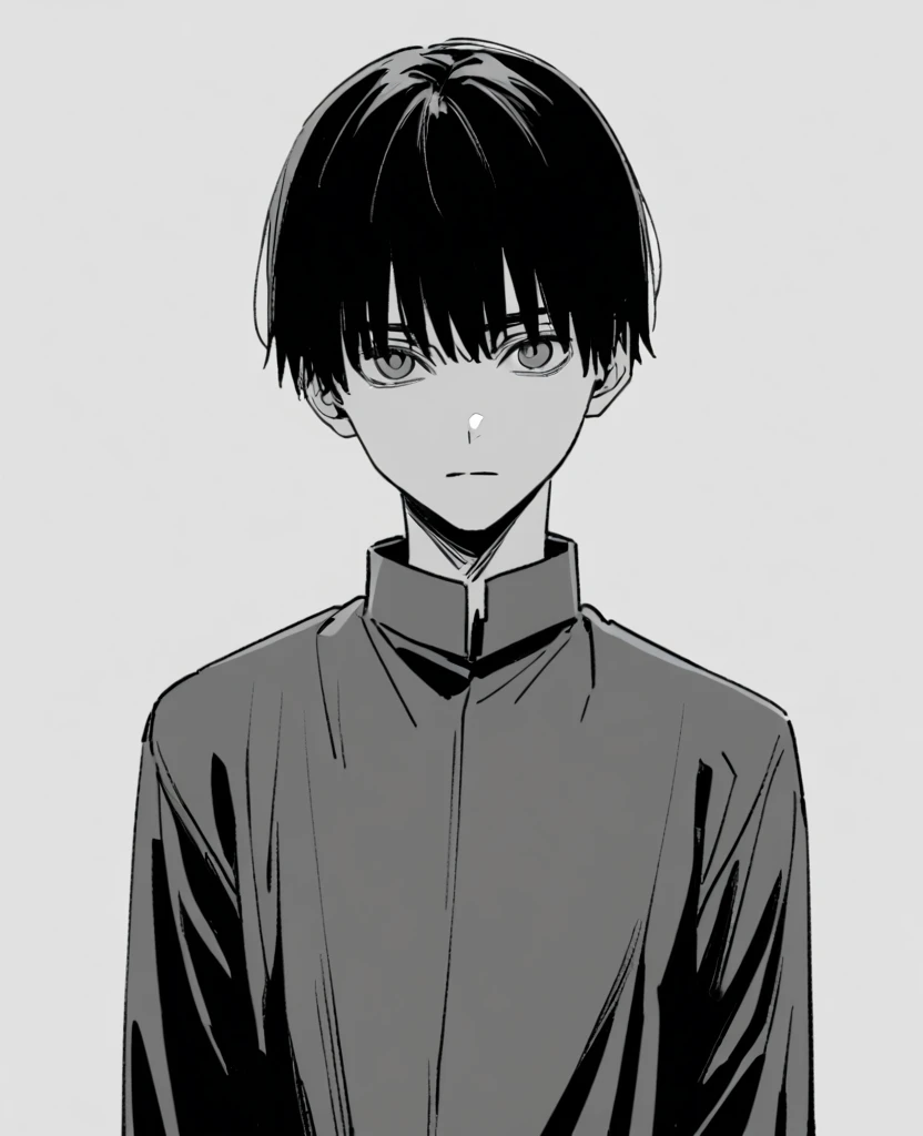 yuto-sano, 1boy, Kaneki, black  hair, unique hairstyle long hair, elegant, monochrome, solo, greyscale, male focus, looking at viewer, holding a sword, front view, FRONT VIEW, FACING CAMERA